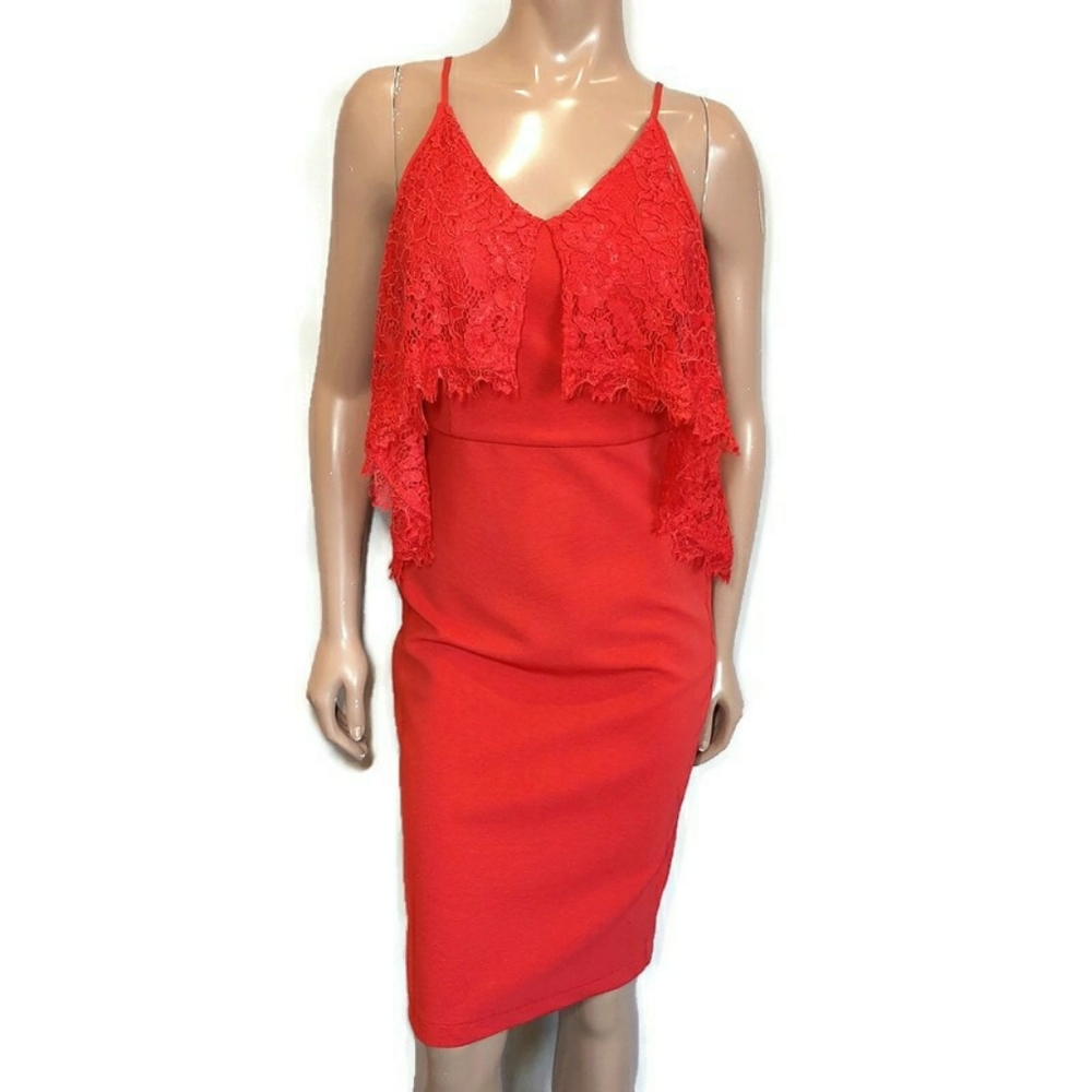 Mustard Seed Ribbed V-Neck Lace Flounce Midi Dress Red Orange Size Medium